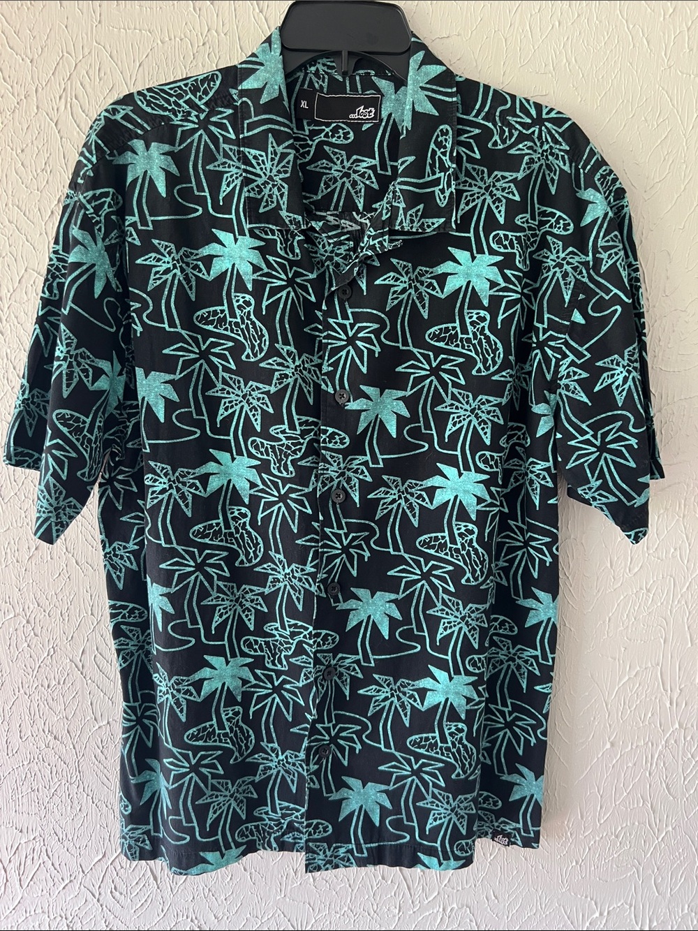 Lost Black Button-Down Shirt with Teal Palm Print